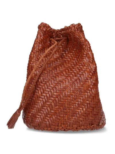 Dragon Diffusion Pompom Double Jump Leather Bucket Bag In Brown
