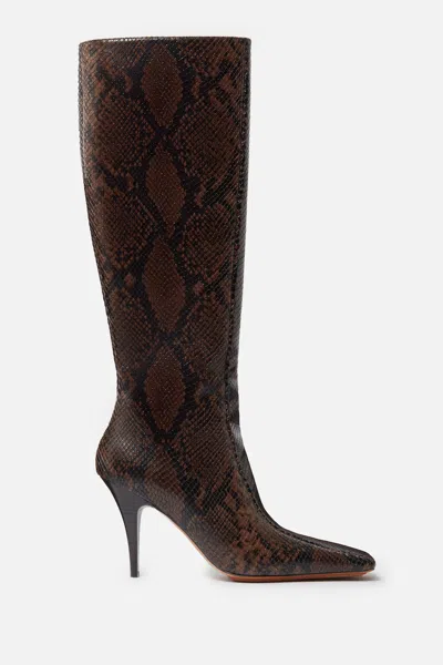 Stella Mccartney Knee-high Snake-effect Boots With Stiletto Heel And Squared Toe In Brown