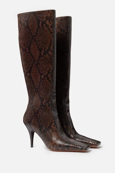 Stella Mccartney Knee-high Snake-effect Boots With Stiletto Heel And Squared Toe In Brown