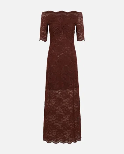 Rabanne Off-the-shoulder Brown Midi Dress With Twisted Knot Detail In Burgundy