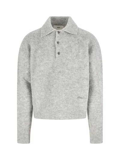 Ami Alexandre Mattiussi Light Grey Knit Sweater With Polo Collar And Three-button Placket In Gray