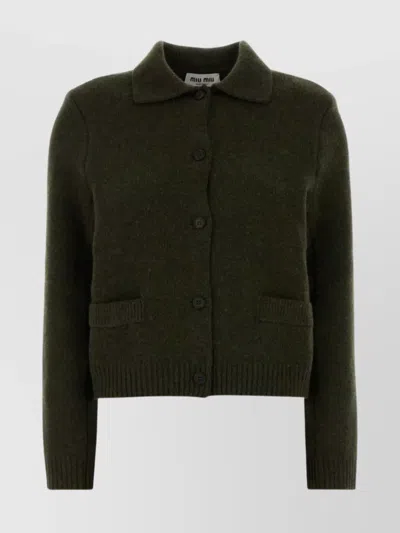 Miu Miu Wool Cardigan With Collared Design And Pockets In Burgundy