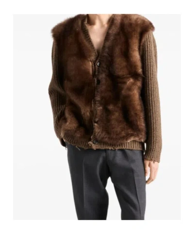 Prada Strickjacke Aus Wollgemisch Und Lammfell In Brown