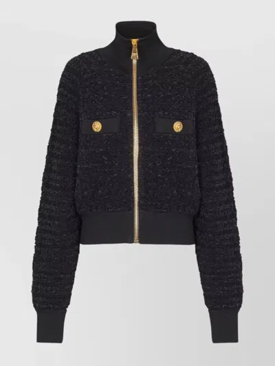 Balmain Textured Fabric Short Jacket With High Collar In Blue