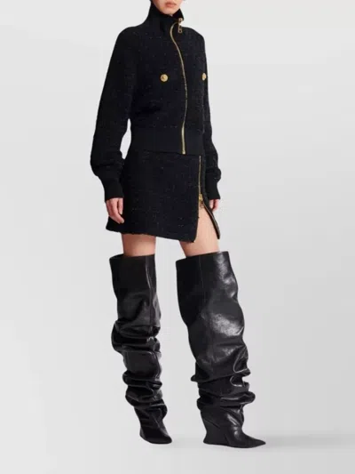 Balmain Textured Fabric Short Jacket With High Collar In Blue