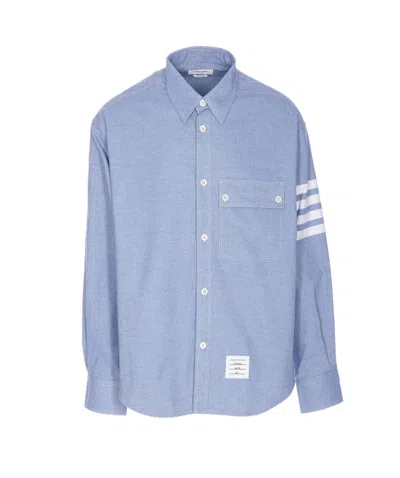 Thom Browne Flannel 4-bar Straight Fit Shirt Man Polo Shirt Multicolored Size L Cotton In Blue