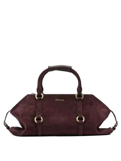 Alexander Mcqueen Farringdon Small Elongated Suede Shoulder Bag In Burgundy