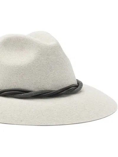 Brunello Cucinelli Wide Brim Fedora Twisted Band Detail In White
