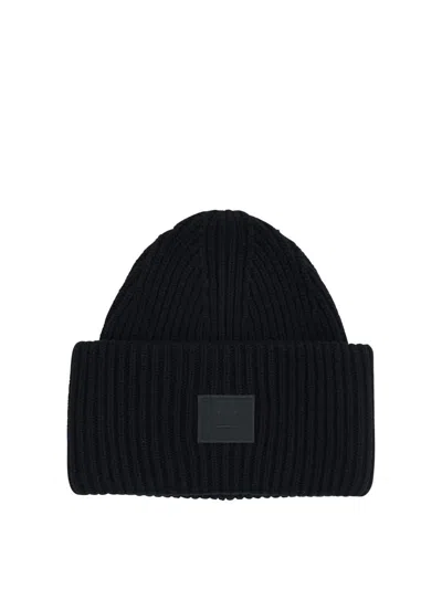 Acne Studios Casual Ribbed Knit Hat With Face Patch In Black