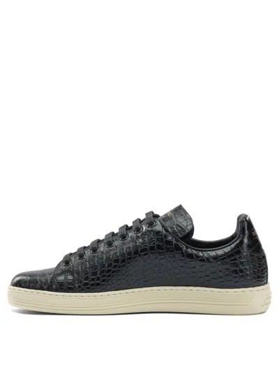 Tom Ford Textured Crocodile Pattern Sneakers With Rubber Sole In Black
