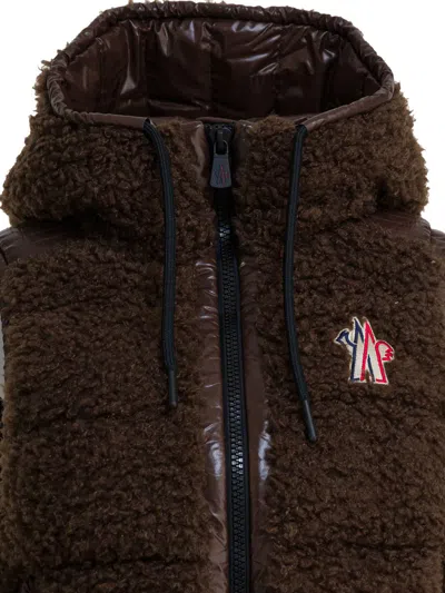 Moncler Hooded Fleece Vest In Brown