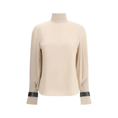 Brunello Cucinelli Women Silk Turtleneck Blouse With Precious Bracelets In Sand