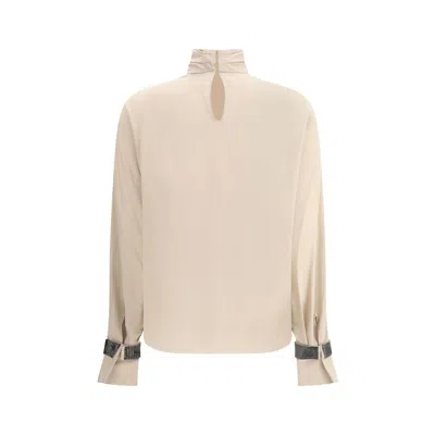 Brunello Cucinelli Women Silk Turtleneck Blouse With Precious Bracelets In Sand