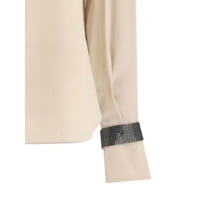 Brunello Cucinelli Women Silk Turtleneck Blouse With Precious Bracelets In Sand