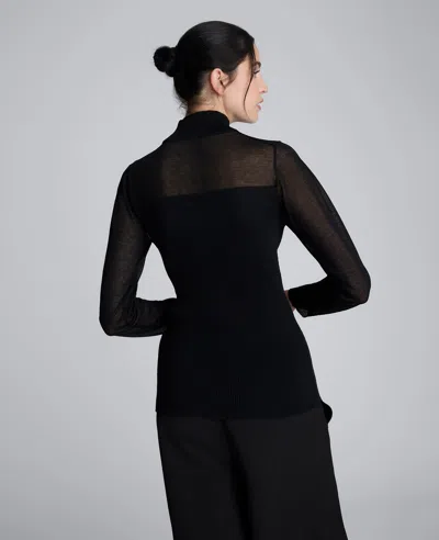 Kenneth Cole Long Sleeve Mockneck Sweater With Sheer Placket In Black