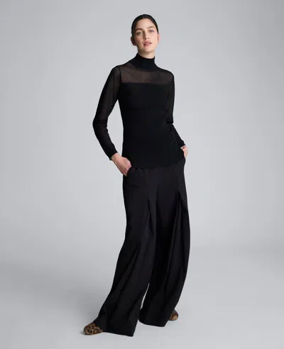 Kenneth Cole Long Sleeve Mockneck Sweater With Sheer Placket In Black