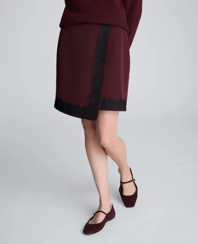 Kenneth Cole Luxe Twill Faux Wrap Mini Skirt With Lace Trim In Burgundy