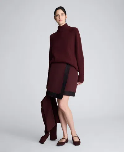 Kenneth Cole Luxe Twill Faux Wrap Mini Skirt With Lace Trim In Burgundy