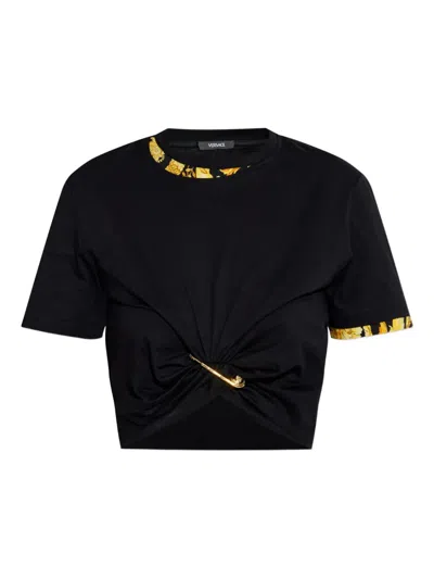 Versace Cropped T-shirt With Baroque Print Trim In Black