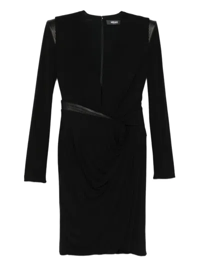 Versace Draped Long Sleeve Dress With Shoulder Pads In Black