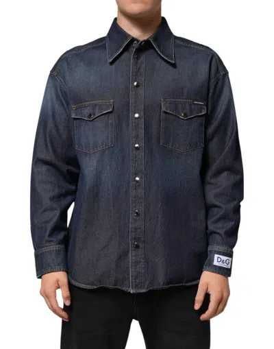 Dolce & Gabbana Blue Denim Button Casual Logo Patch Men Men's Shirt In Blue