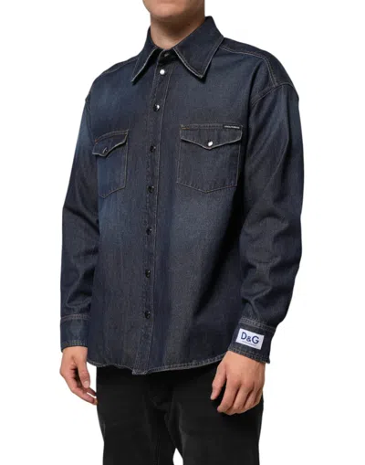 Dolce & Gabbana Blue Denim Button Casual Logo Patch Men Men's Shirt In Blue