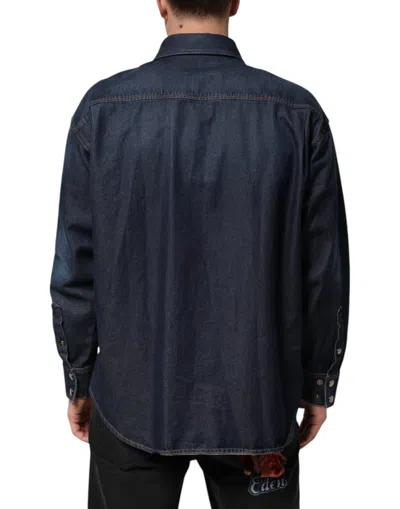 Dolce & Gabbana Blue Denim Button Casual Logo Patch Men Men's Shirt In Blue