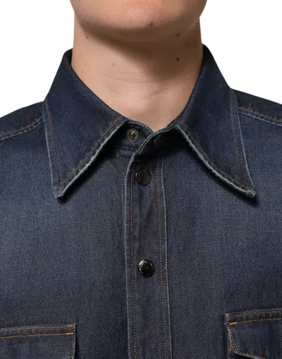 Dolce & Gabbana Blue Denim Button Casual Logo Patch Men Men's Shirt In Blue