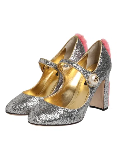 Pre-owned Dolce & Gabbana Silver Glitter Mink Fur Vally Pump Women's Shoes ()