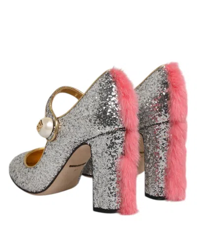 Pre-owned Dolce & Gabbana Silver Glitter Mink Fur Vally Pump Women's Shoes ()