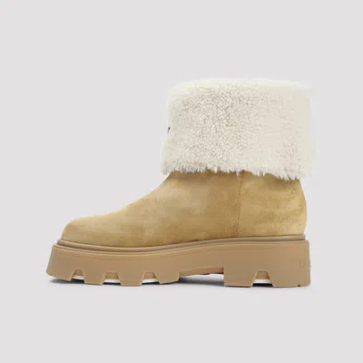 Moncler Suede And Shearling Ankle Boots In Brown