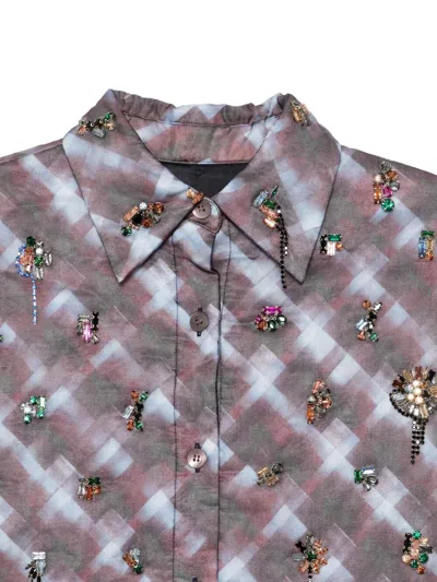 Dries Van Noten Checkered Long Sleeve Embroidered Top In Pink