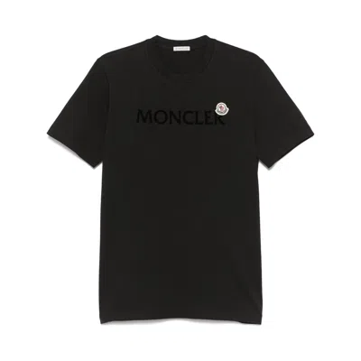 Moncler Men T-shirt With Flocked Cotton Logo In Black