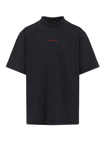 Balenciaga Black Crewneck T-shirt With Logo On The Front And On The Back In Cotton Man In Black
