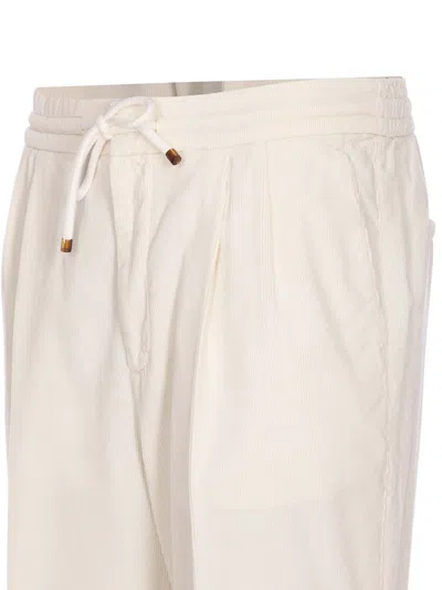 Brunello Cucinelli Men Leisure Fit Trousers In Ribbed Velvet With Drawstring And Double Pince In Neutral