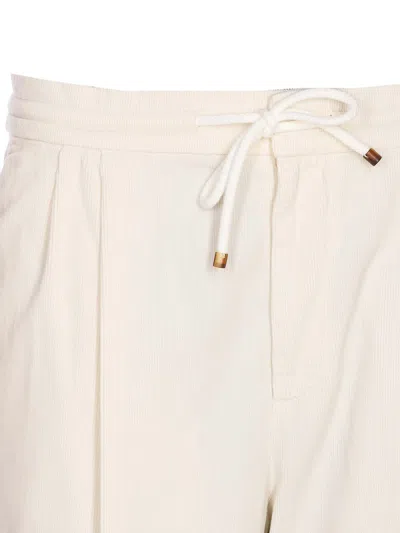 Brunello Cucinelli Men Leisure Fit Trousers In Ribbed Velvet With Drawstring And Double Pince In Neutral
