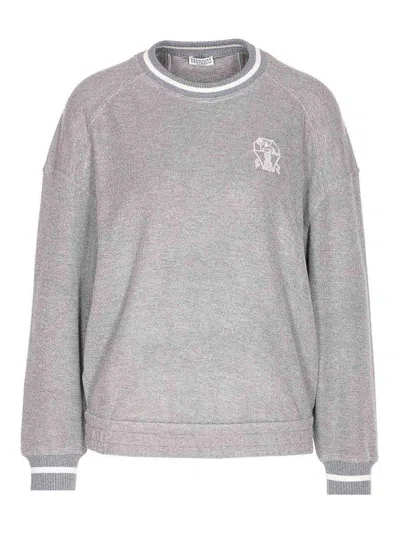 Brunello Cucinelli Crew Neck Logo Embroidered Sweatshirt In Gray
