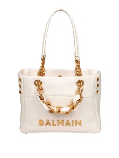 Balmain Small Crinkled Leather Tote Bag With Eyelet Embellishments In White