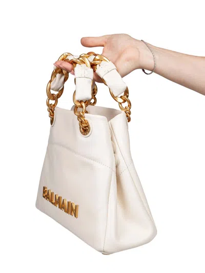 Balmain Small Crinkled Leather Tote Bag With Eyelet Embellishments In White