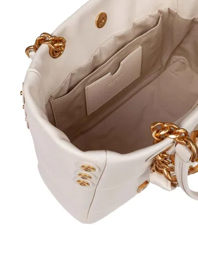 Balmain Small Crinkled Leather Tote Bag With Eyelet Embellishments In White