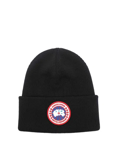 Canada Goose Black Knit Beanie Hat With Embroidered Logo In Black