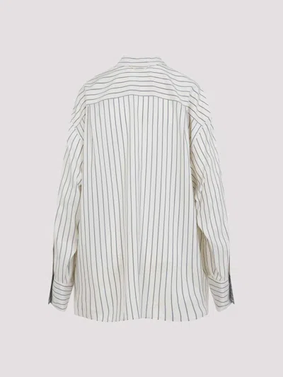 Carven Off-white Silk Shirt With Vertical Grey Stripes And Pointed Collar In White