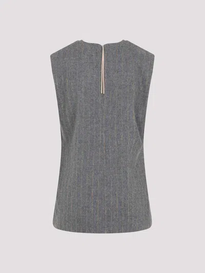 Carven Asymmetric Hem Wool Blend Shift Top With Camel Stripes In Gray