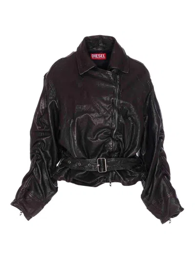 Diesel Belted Jacket In Boiled Leather In Black