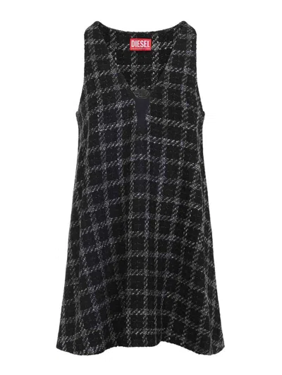 Diesel Mini Dress Checked Pattern Sleeveless V-neckline In Black