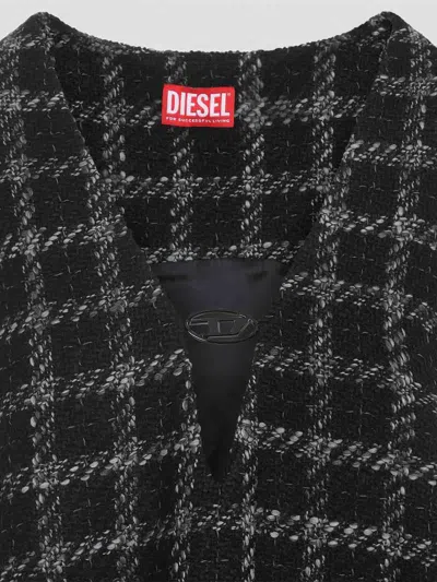 Diesel Mini Dress Checked Pattern Sleeveless V-neckline In Black