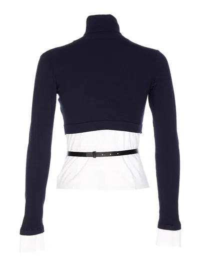 Elisabetta Franchi Turtleneck Top With Contrasting Poplin Insert And Logo Buckle In Blue