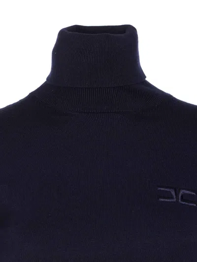 Elisabetta Franchi Turtleneck Top With Contrasting Poplin Insert And Logo Buckle In Blue