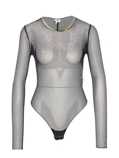 Elisabetta Franchi Bodysuit With Gold Chain And Sheer Fabric In Black