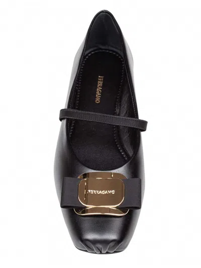 Ferragamo Lambskin Flats With Gold-tone Buckle Detail In Black